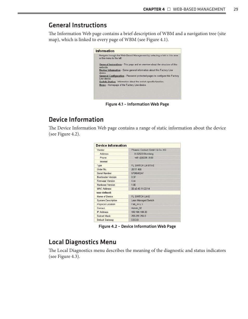 General instructions, Device information, Local diagnostics menu | Wavetronix Click 342 (lean managed ethernet switch) (CLK-342) - Managed Switches User Guide User Manual | Page 30 / 76