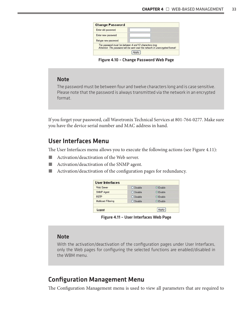 User interfaces menu, Configuration management menu | Wavetronix Click 342 (lean managed ethernet switch) (CLK-342) - Managed Switches User Guide User Manual | Page 34 / 76