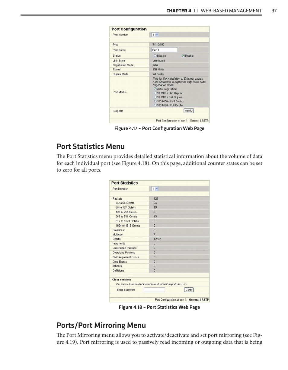 Port statistics menu, Ports/port mirroring menu | Wavetronix Click 342 (lean managed ethernet switch) (CLK-342) - Managed Switches User Guide User Manual | Page 38 / 76