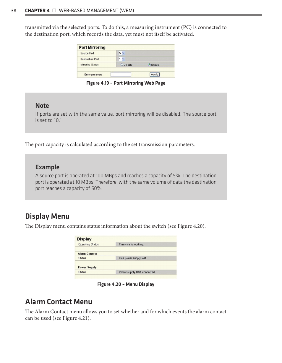 Display menu, Alarm contact menu | Wavetronix Click 342 (lean managed ethernet switch) (CLK-342) - Managed Switches User Guide User Manual | Page 39 / 76
