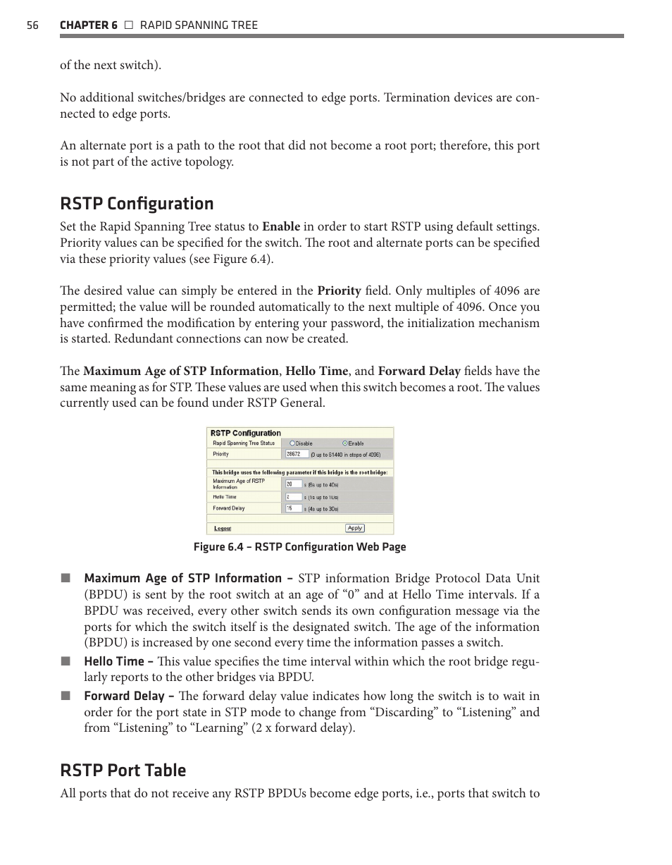 Rstp configuration, Rstp port table | Wavetronix Click 342 (lean managed ethernet switch) (CLK-342) - Managed Switches User Guide User Manual | Page 57 / 76