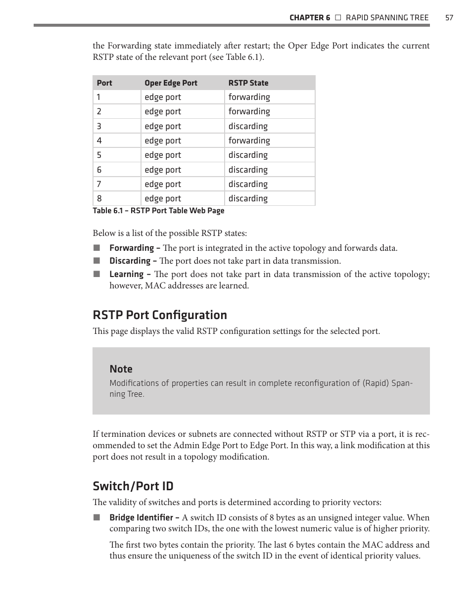 Rstp port configuration, Switch/port id | Wavetronix Click 342 (lean managed ethernet switch) (CLK-342) - Managed Switches User Guide User Manual | Page 58 / 76