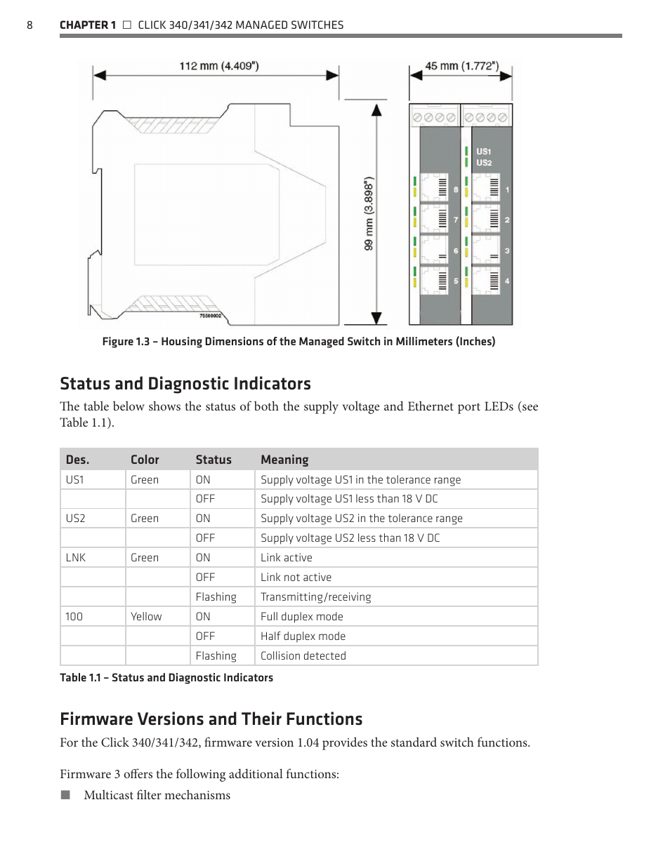 Status and diagnostic indicators, Firmware versions and their functions | Wavetronix Click 342 (lean managed ethernet switch) (CLK-342) - Managed Switches User Guide User Manual | Page 9 / 76