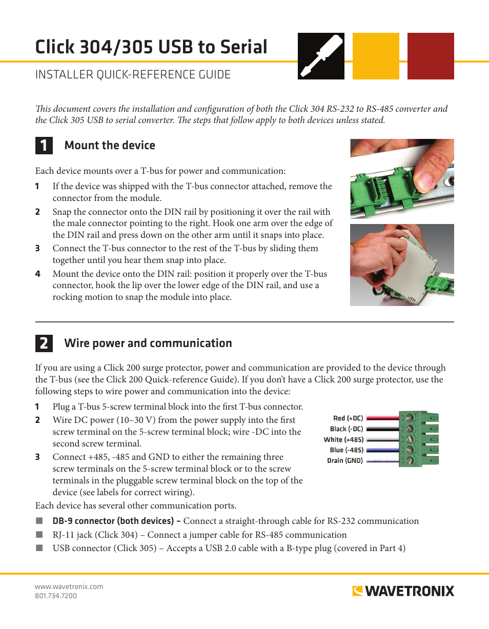 Wavetronix Click 304 (RS-232 to RS-485 converter) (CLK-304) - Quick-reference Guide User Manual | 4 pages