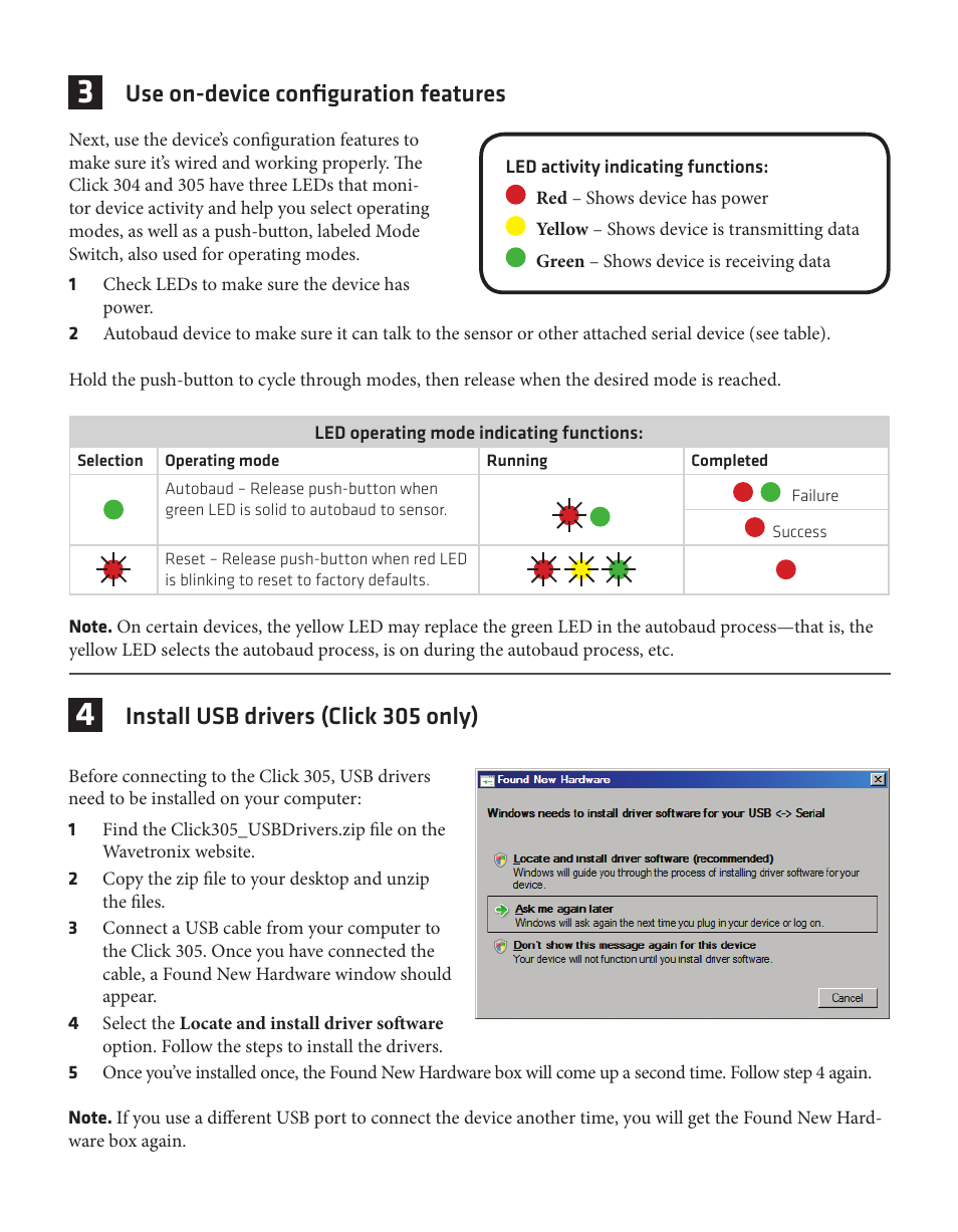 Use on-device configuration features, Install usb drivers (click 305 only) | Wavetronix Click 304 (RS-232 to RS-485 converter) (CLK-304) - Quick-reference Guide User Manual | Page 2 / 4