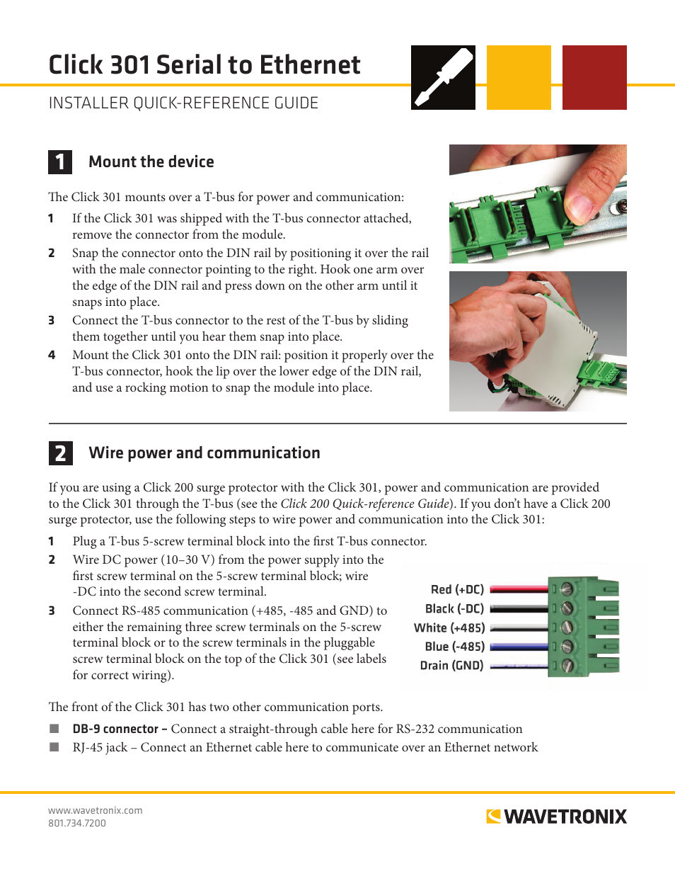 Wavetronix Click 301 (serial to ethernet converter) (CLK-301) - Quick-reference Guide User Manual | 4 pages