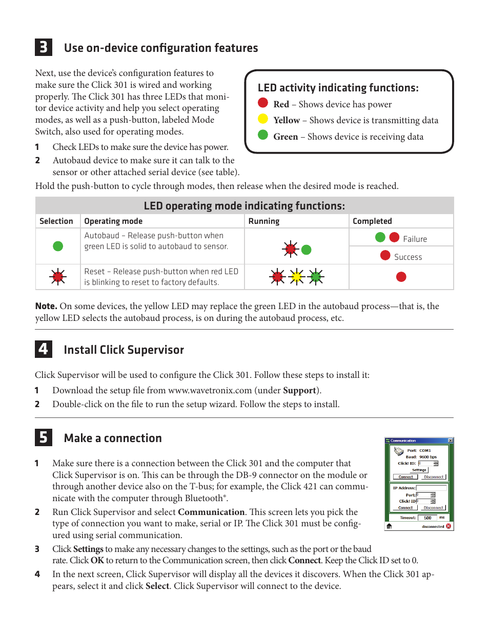 Use on-device configuration features, Install click supervisor, Make a connection | Wavetronix Click 301 (serial to ethernet converter) (CLK-301) - Quick-reference Guide User Manual | Page 2 / 4