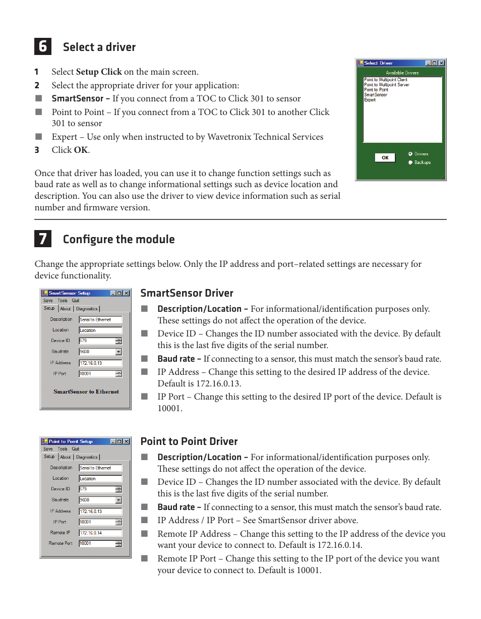 Select a driver, Configure the module | Wavetronix Click 301 (serial to ethernet converter) (CLK-301) - Quick-reference Guide User Manual | Page 3 / 4