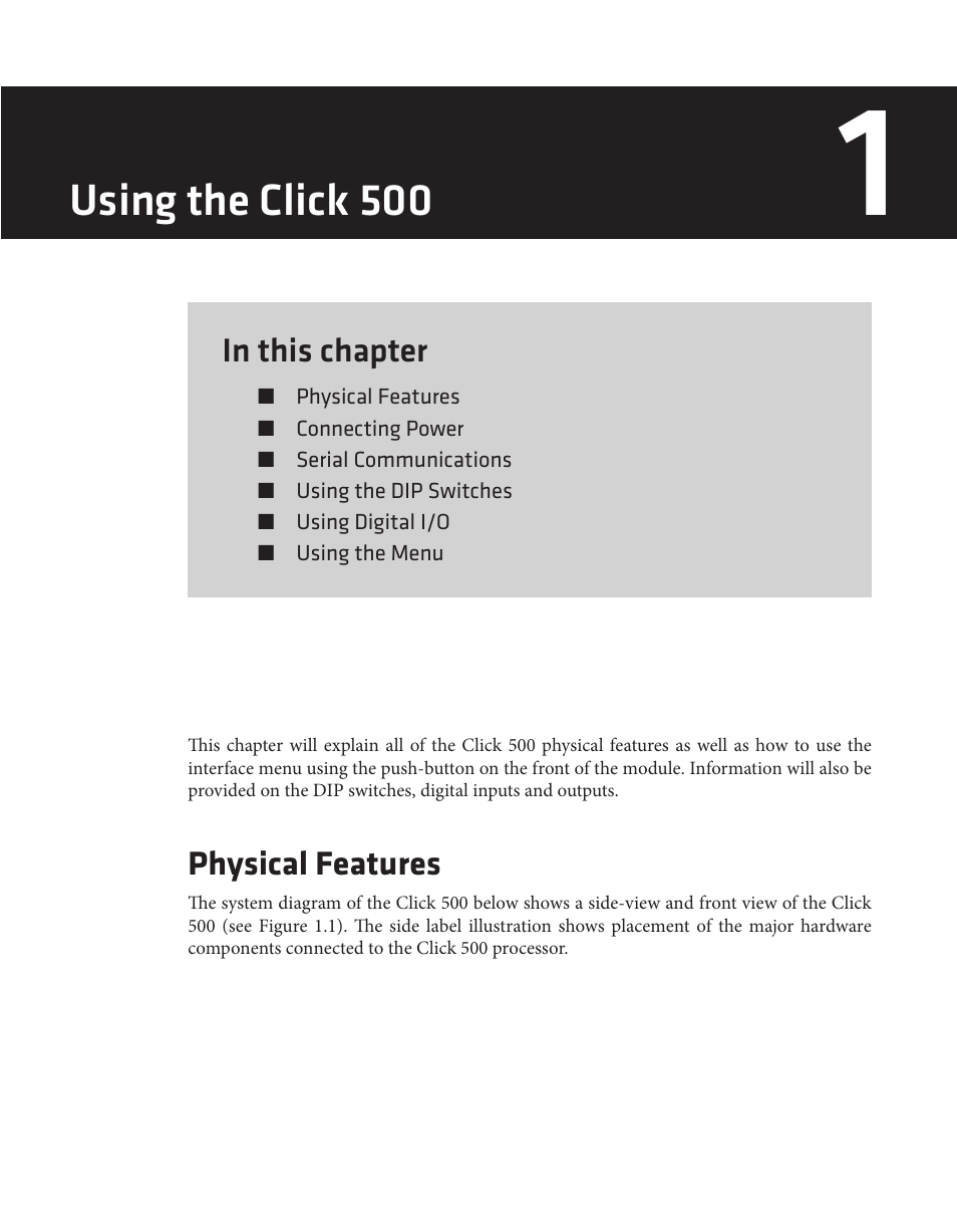 Using the click 500, Physical features | Wavetronix Click 500 (programmable controller) (CLK-500) - Developer Guide User Manual | Page 12 / 196