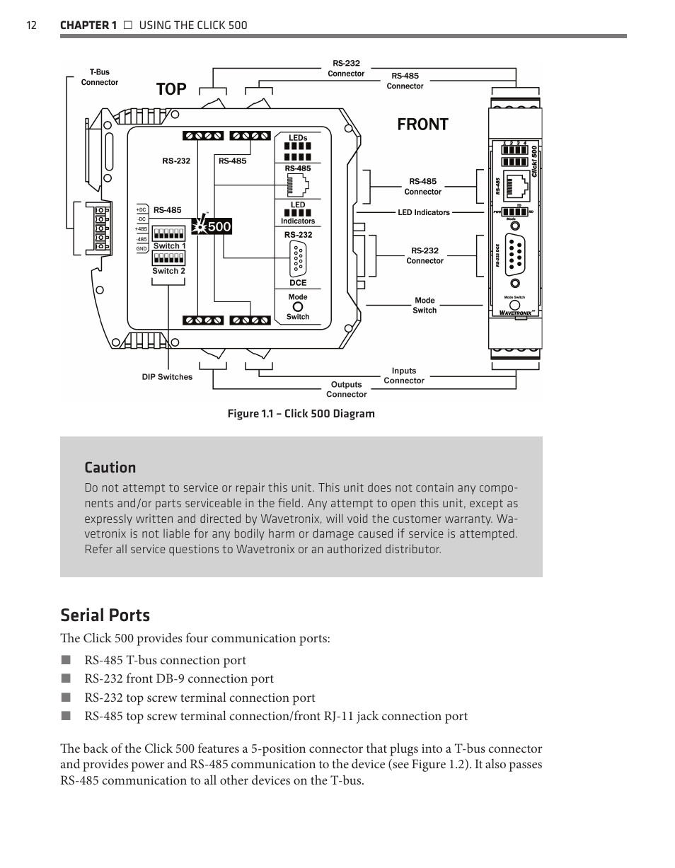 Serial ports, Caution | Wavetronix Click 500 (programmable controller) (CLK-500) - Developer Guide User Manual | Page 13 / 196