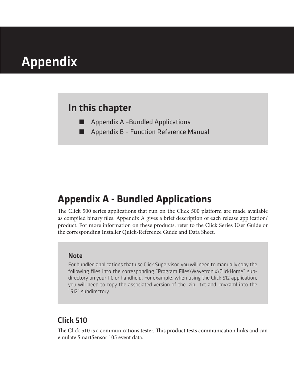 Appendix, Appendix a - bundled applications | Wavetronix Click 500 (programmable controller) (CLK-500) - Developer Guide User Manual | Page 136 / 196