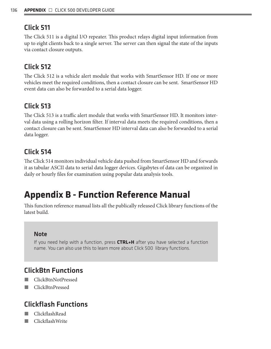 Appendix b - function reference manual, Click 511, Click 512 | Click 513, Click 514, Clickbtn functions, Clickflash functions | Wavetronix Click 500 (programmable controller) (CLK-500) - Developer Guide User Manual | Page 137 / 196