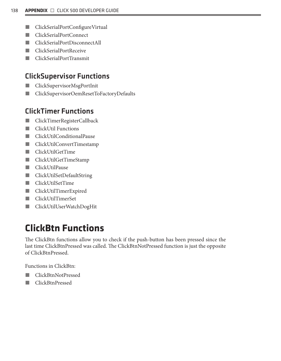 Clickbtn functions, Clicksupervisor functions, Clicktimer functions | Wavetronix Click 500 (programmable controller) (CLK-500) - Developer Guide User Manual | Page 139 / 196