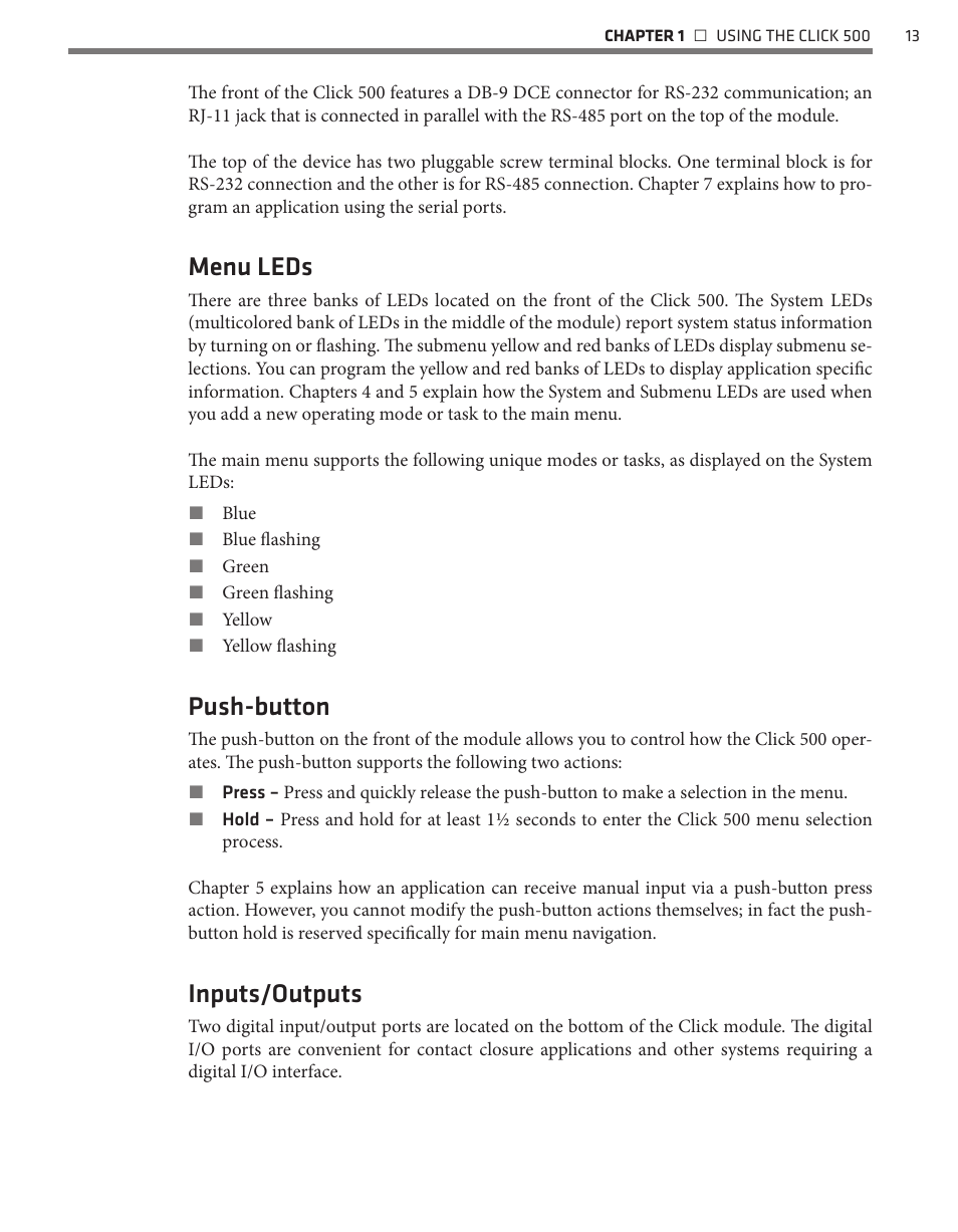 Menu leds, Push-button, Inputs/outputs | Wavetronix Click 500 (programmable controller) (CLK-500) - Developer Guide User Manual | Page 14 / 196