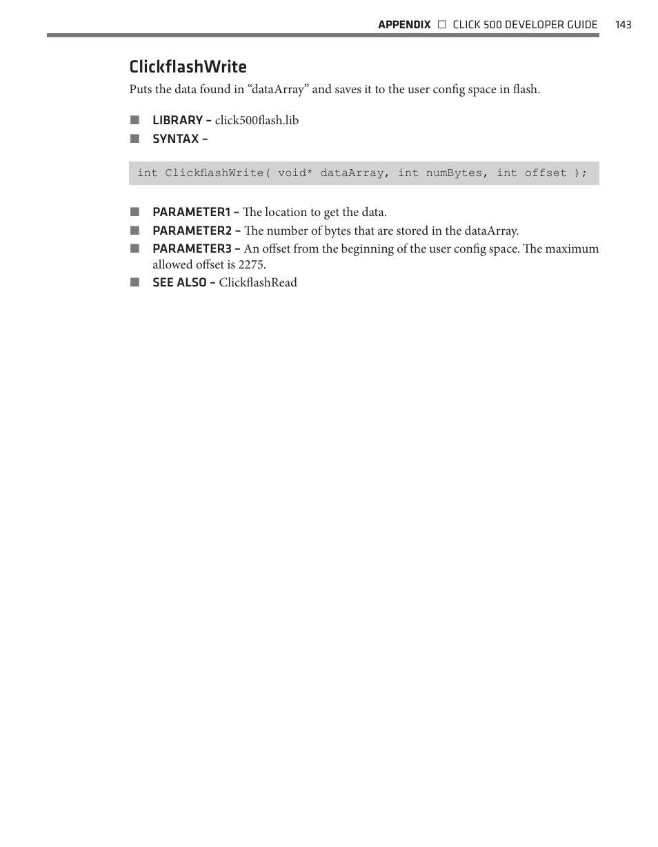 Clickflashwrite | Wavetronix Click 500 (programmable controller) (CLK-500) - Developer Guide User Manual | Page 144 / 196