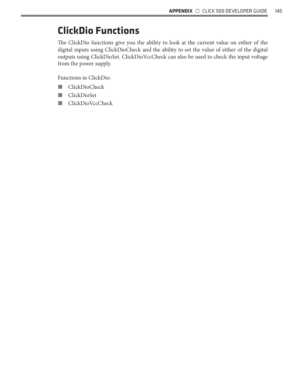 Clickdio functions | Wavetronix Click 500 (programmable controller) (CLK-500) - Developer Guide User Manual | Page 146 / 196