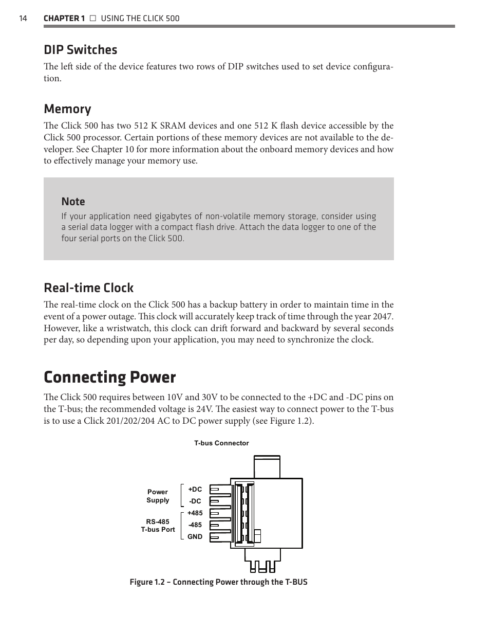 Connecting power, Dip switches, Real-time clock | Wavetronix Click 500 (programmable controller) (CLK-500) - Developer Guide User Manual | Page 15 / 196