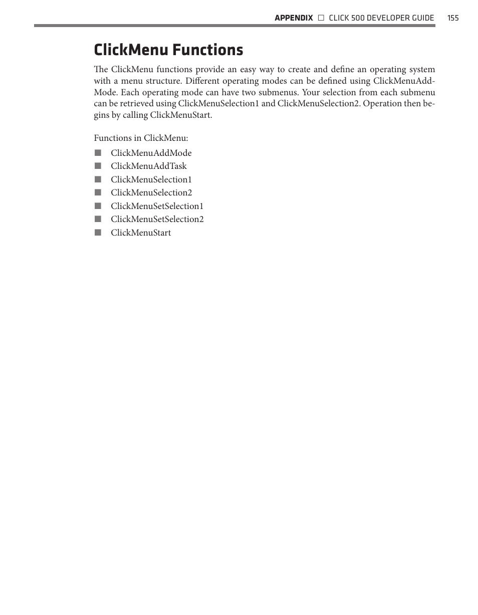 Clickmenu functions | Wavetronix Click 500 (programmable controller) (CLK-500) - Developer Guide User Manual | Page 156 / 196