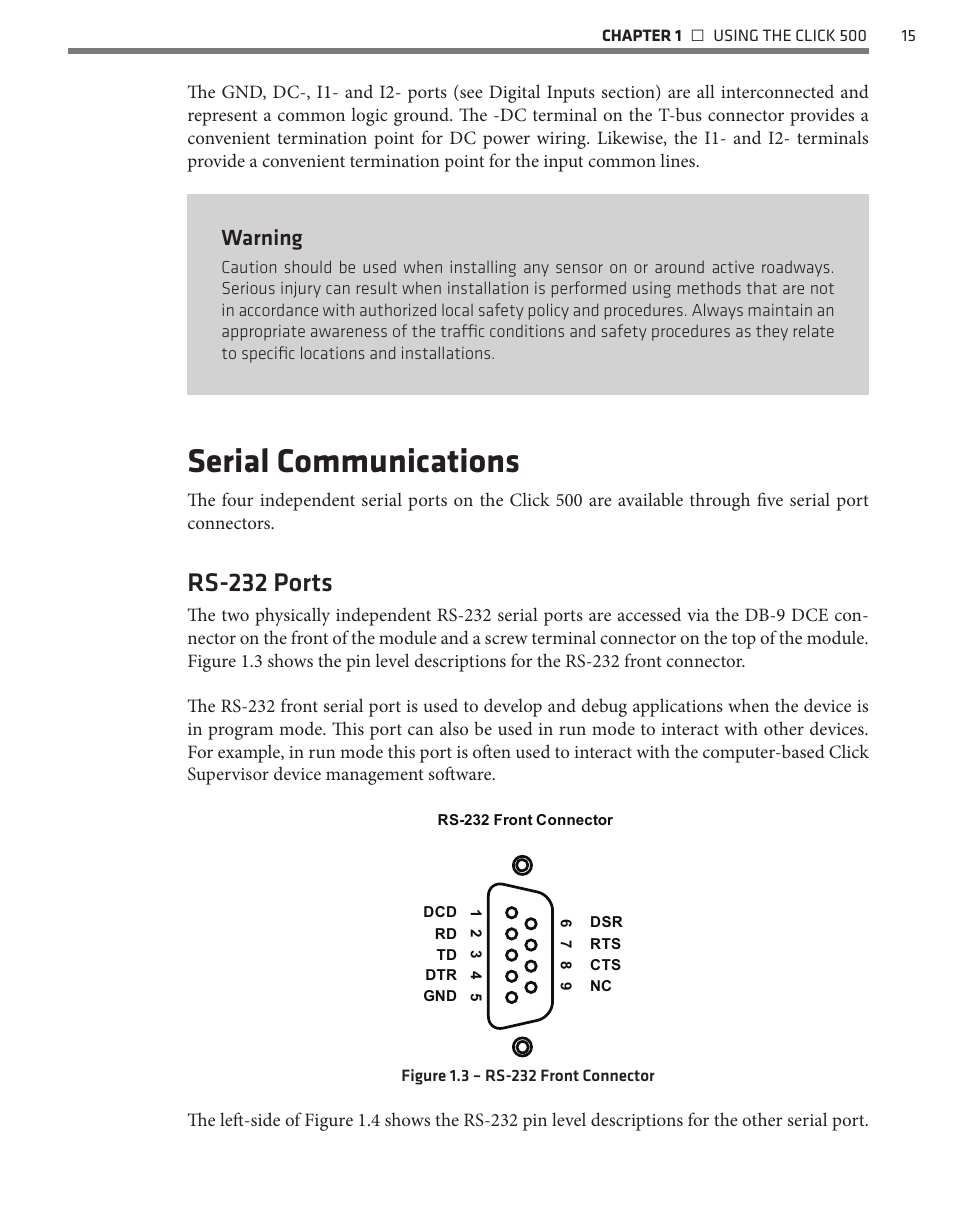 Serial communications, Rs-232 ports, Warning | Wavetronix Click 500 (programmable controller) (CLK-500) - Developer Guide User Manual | Page 16 / 196