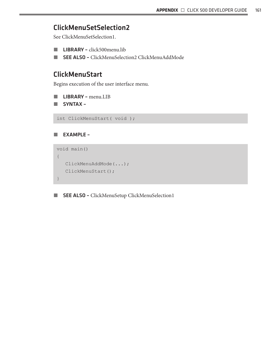 Clickmenusetselection2, Clickmenustart | Wavetronix Click 500 (programmable controller) (CLK-500) - Developer Guide User Manual | Page 162 / 196