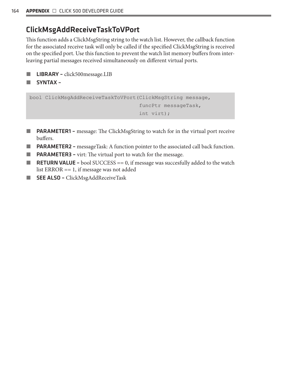 Clickmsgaddreceivetasktovport | Wavetronix Click 500 (programmable controller) (CLK-500) - Developer Guide User Manual | Page 165 / 196