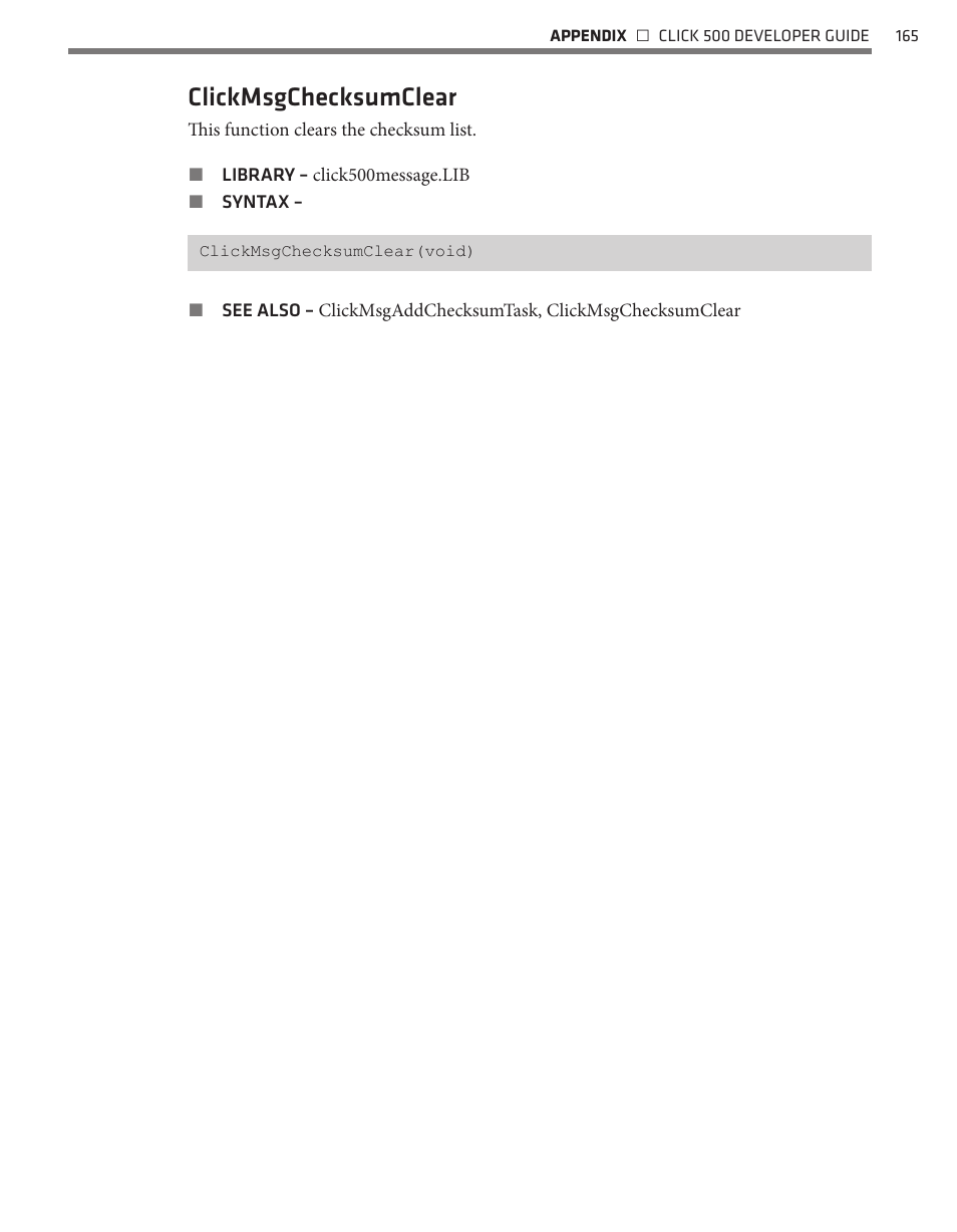 Clickmsgchecksumclear | Wavetronix Click 500 (programmable controller) (CLK-500) - Developer Guide User Manual | Page 166 / 196