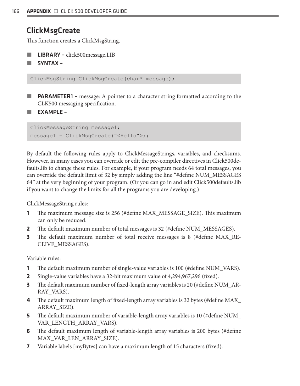 Clickmsgcreate | Wavetronix Click 500 (programmable controller) (CLK-500) - Developer Guide User Manual | Page 167 / 196