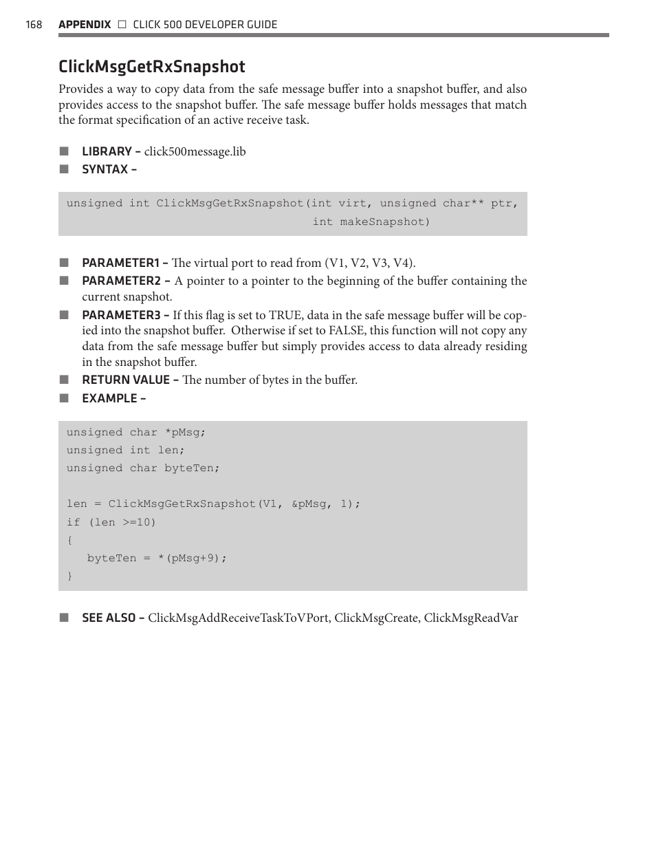 Clickmsggetrxsnapshot | Wavetronix Click 500 (programmable controller) (CLK-500) - Developer Guide User Manual | Page 169 / 196