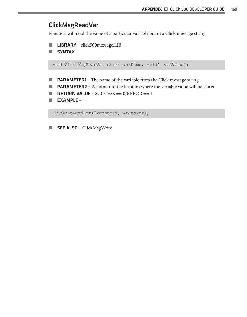 Clickmsgreadvar | Wavetronix Click 500 (programmable controller) (CLK-500) - Developer Guide User Manual | Page 170 / 196