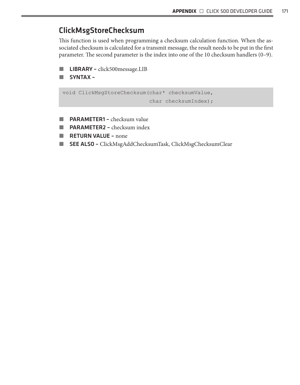 Clickmsgstorechecksum | Wavetronix Click 500 (programmable controller) (CLK-500) - Developer Guide User Manual | Page 172 / 196