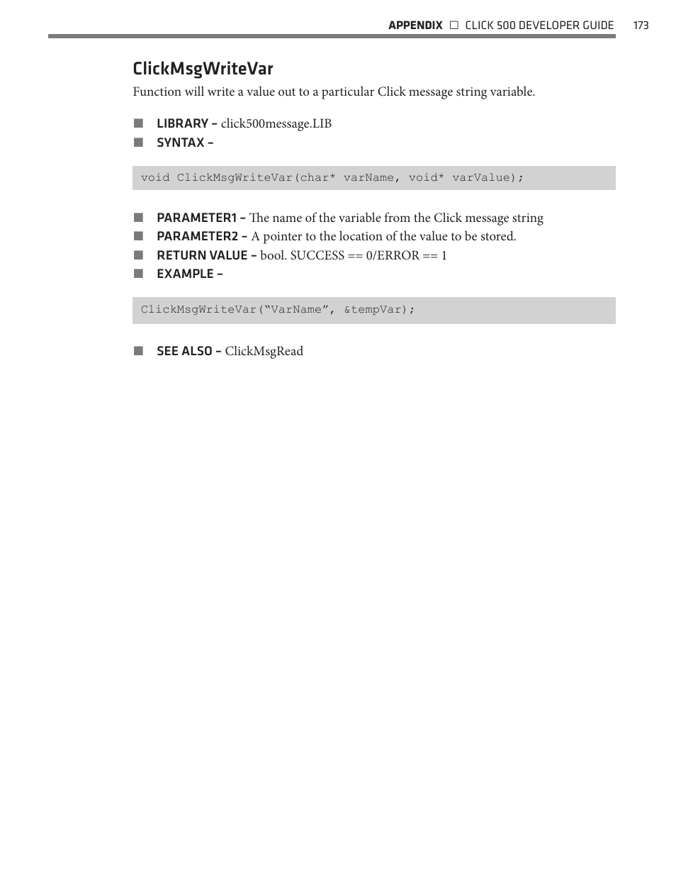 Clickmsgwritevar | Wavetronix Click 500 (programmable controller) (CLK-500) - Developer Guide User Manual | Page 174 / 196