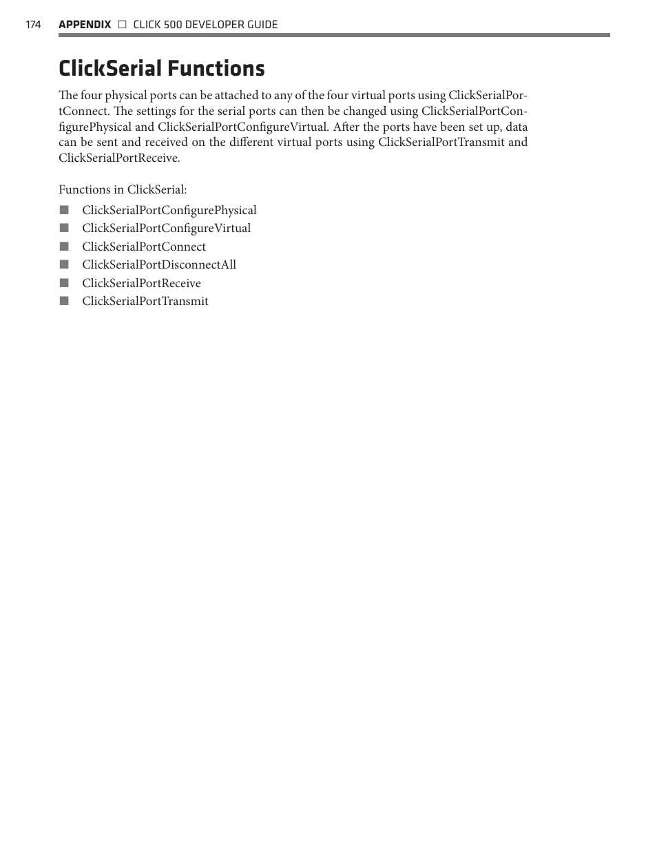 Clickserial functions | Wavetronix Click 500 (programmable controller) (CLK-500) - Developer Guide User Manual | Page 175 / 196