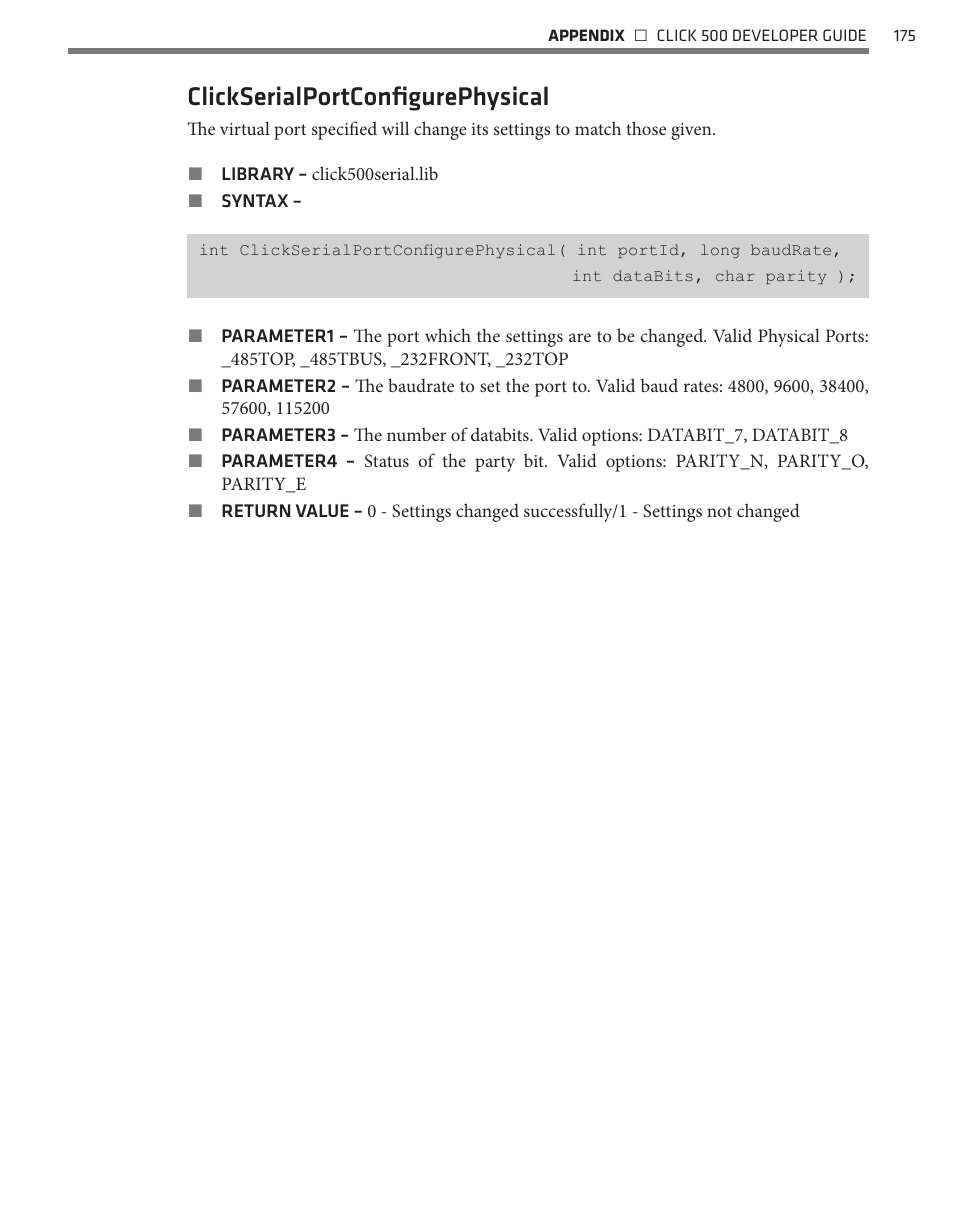 Clickserialportconfigurephysical | Wavetronix Click 500 (programmable controller) (CLK-500) - Developer Guide User Manual | Page 176 / 196