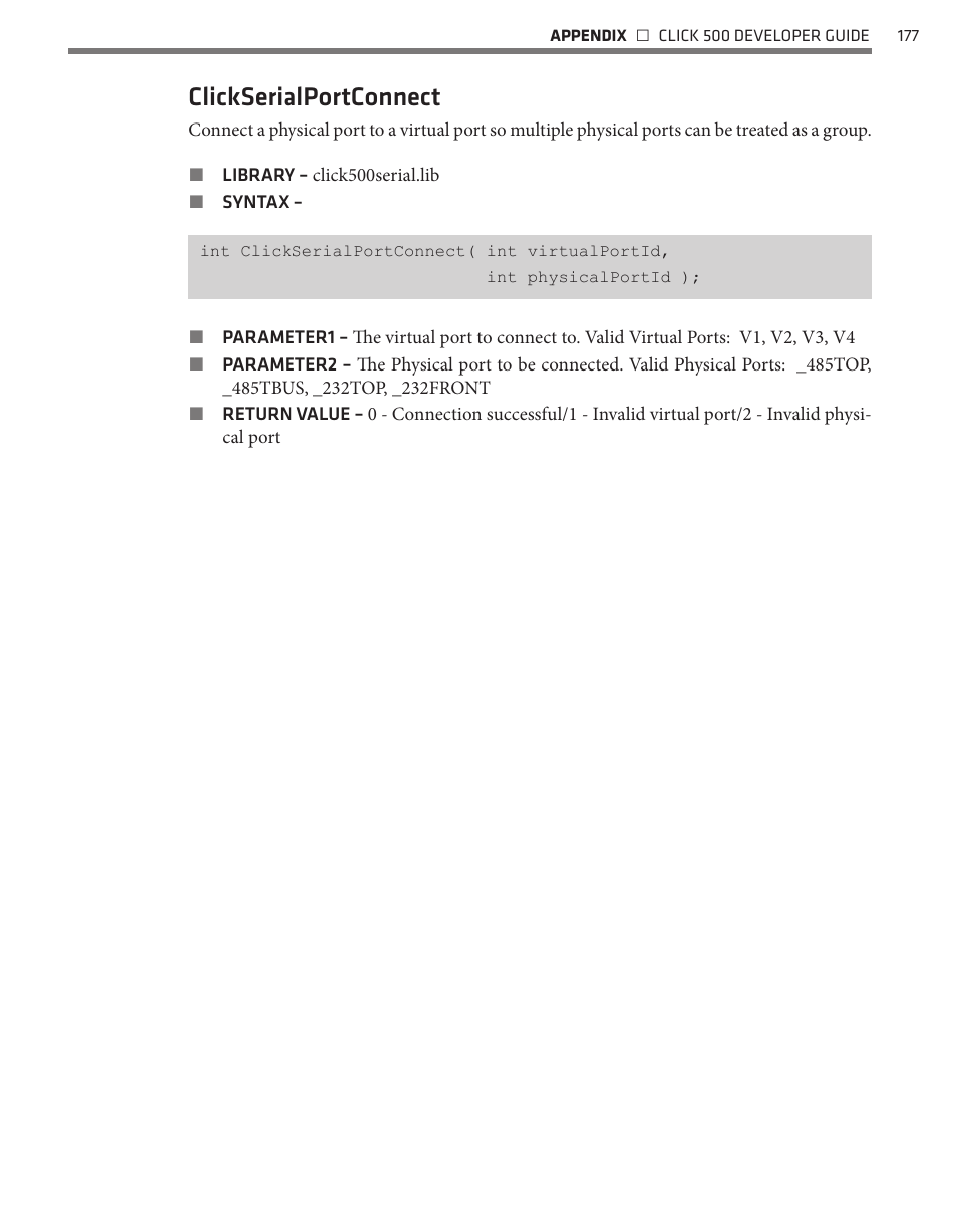 Clickserialportconnect | Wavetronix Click 500 (programmable controller) (CLK-500) - Developer Guide User Manual | Page 178 / 196