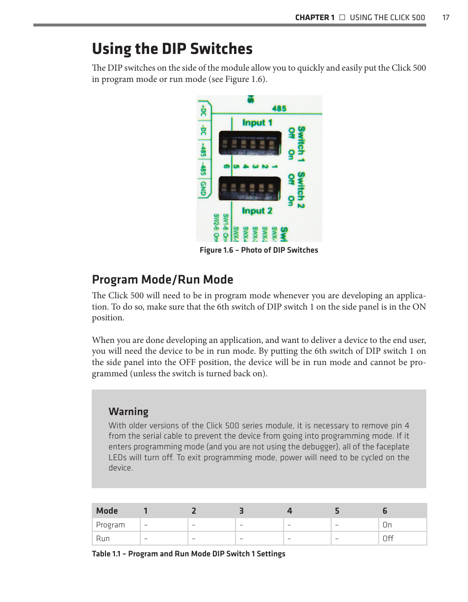 Using the dip switches, Program mode/run mode, Warning | Wavetronix Click 500 (programmable controller) (CLK-500) - Developer Guide User Manual | Page 18 / 196