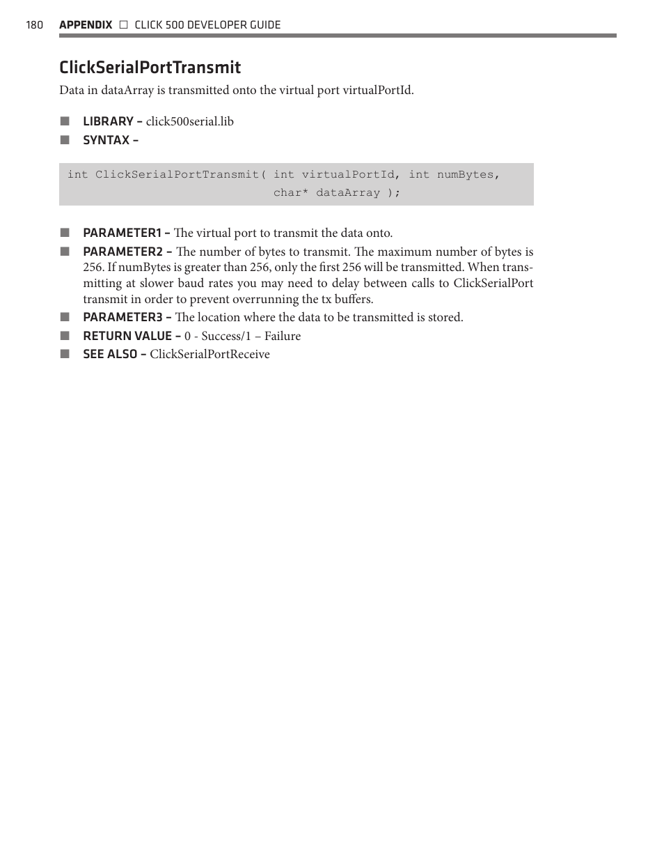 Clickserialporttransmit | Wavetronix Click 500 (programmable controller) (CLK-500) - Developer Guide User Manual | Page 181 / 196