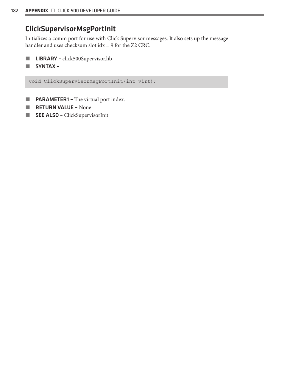 Clicksupervisormsgportinit | Wavetronix Click 500 (programmable controller) (CLK-500) - Developer Guide User Manual | Page 183 / 196
