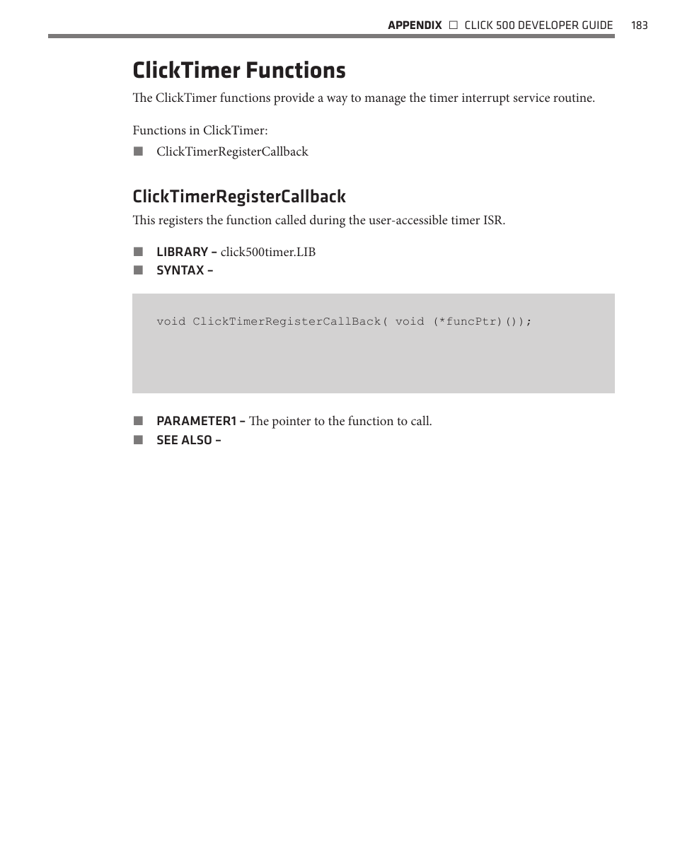 Clicktimer functions, Clicktimerregistercallback | Wavetronix Click 500 (programmable controller) (CLK-500) - Developer Guide User Manual | Page 184 / 196