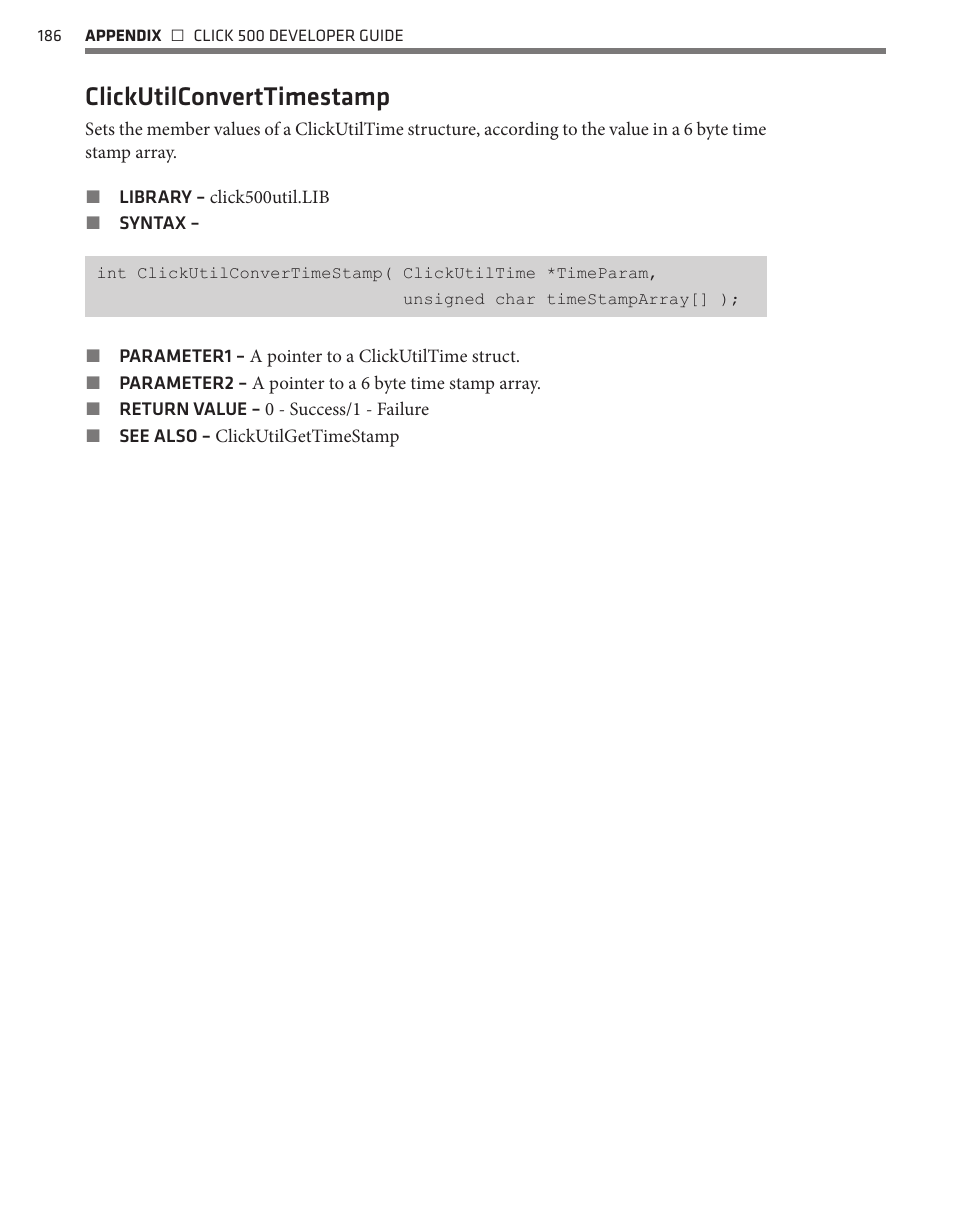 Clickutilconverttimestamp | Wavetronix Click 500 (programmable controller) (CLK-500) - Developer Guide User Manual | Page 187 / 196