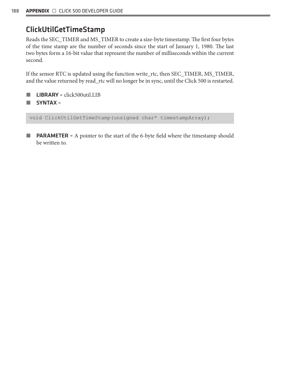 Clickutilgettimestamp | Wavetronix Click 500 (programmable controller) (CLK-500) - Developer Guide User Manual | Page 189 / 196