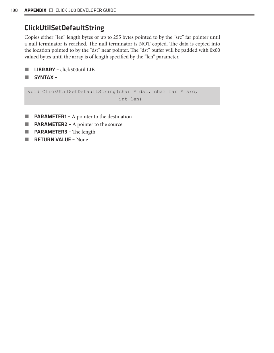 Clickutilsetdefaultstring | Wavetronix Click 500 (programmable controller) (CLK-500) - Developer Guide User Manual | Page 191 / 196