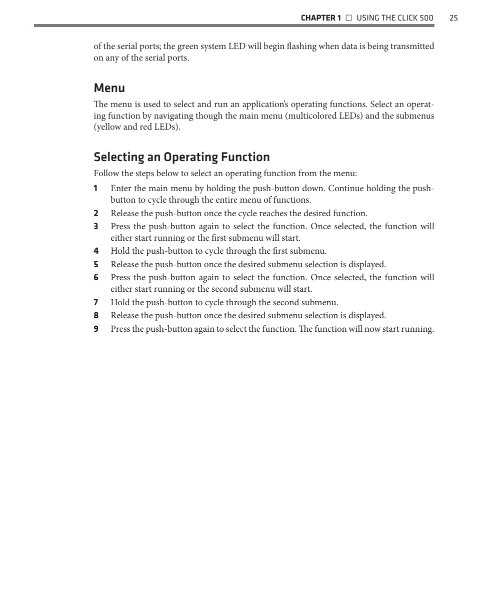 Menu, Selecting an operating function | Wavetronix Click 500 (programmable controller) (CLK-500) - Developer Guide User Manual | Page 26 / 196