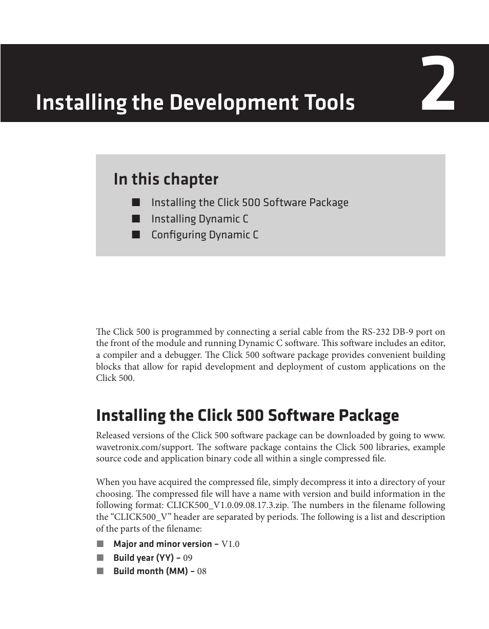 Installing the development tools, Installing the click 500 software package | Wavetronix Click 500 (programmable controller) (CLK-500) - Developer Guide User Manual | Page 28 / 196