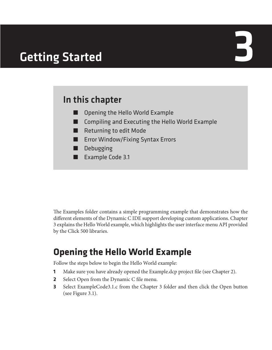 Getting started, Opening the hello world example | Wavetronix Click 500 (programmable controller) (CLK-500) - Developer Guide User Manual | Page 34 / 196