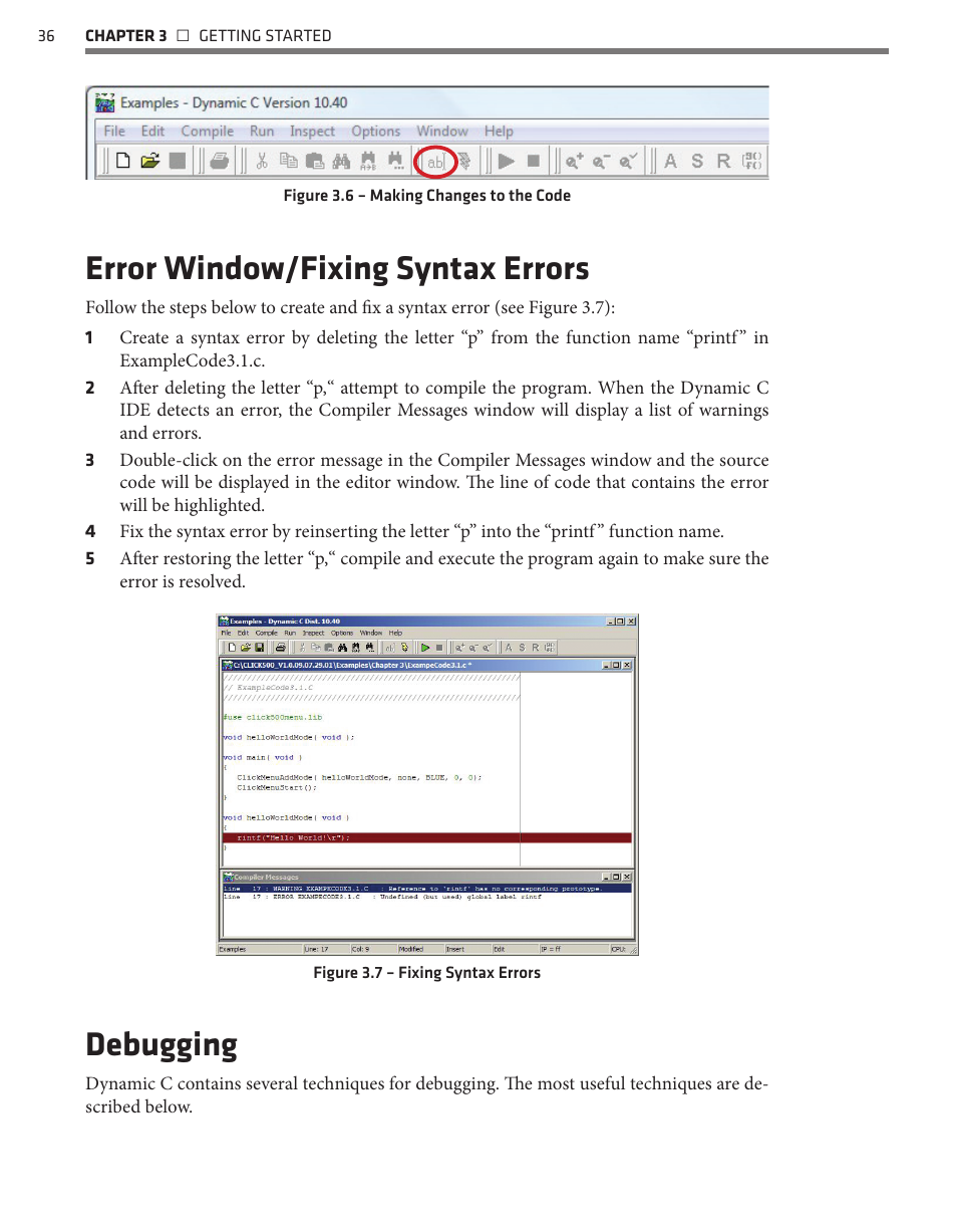 Error window/fixing syntax errors, Debugging | Wavetronix Click 500 (programmable controller) (CLK-500) - Developer Guide User Manual | Page 37 / 196
