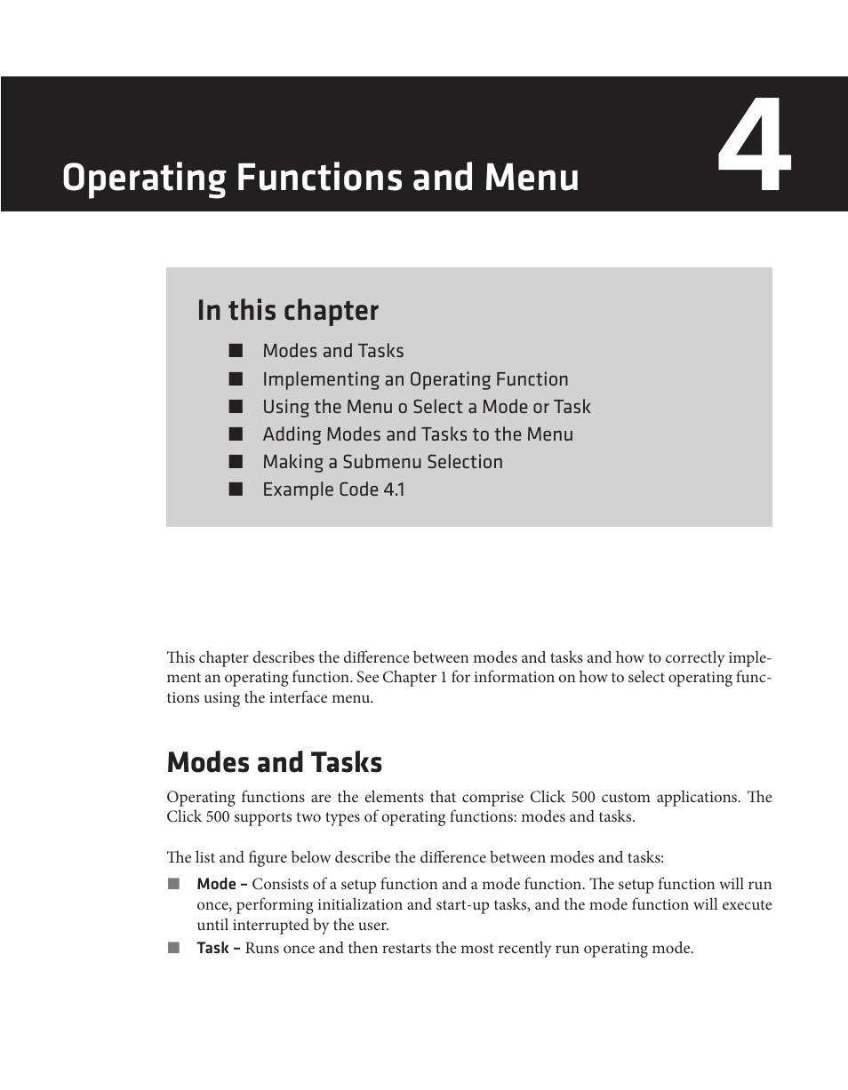 Operating functions and menu, Modes and tasks | Wavetronix Click 500 (programmable controller) (CLK-500) - Developer Guide User Manual | Page 42 / 196