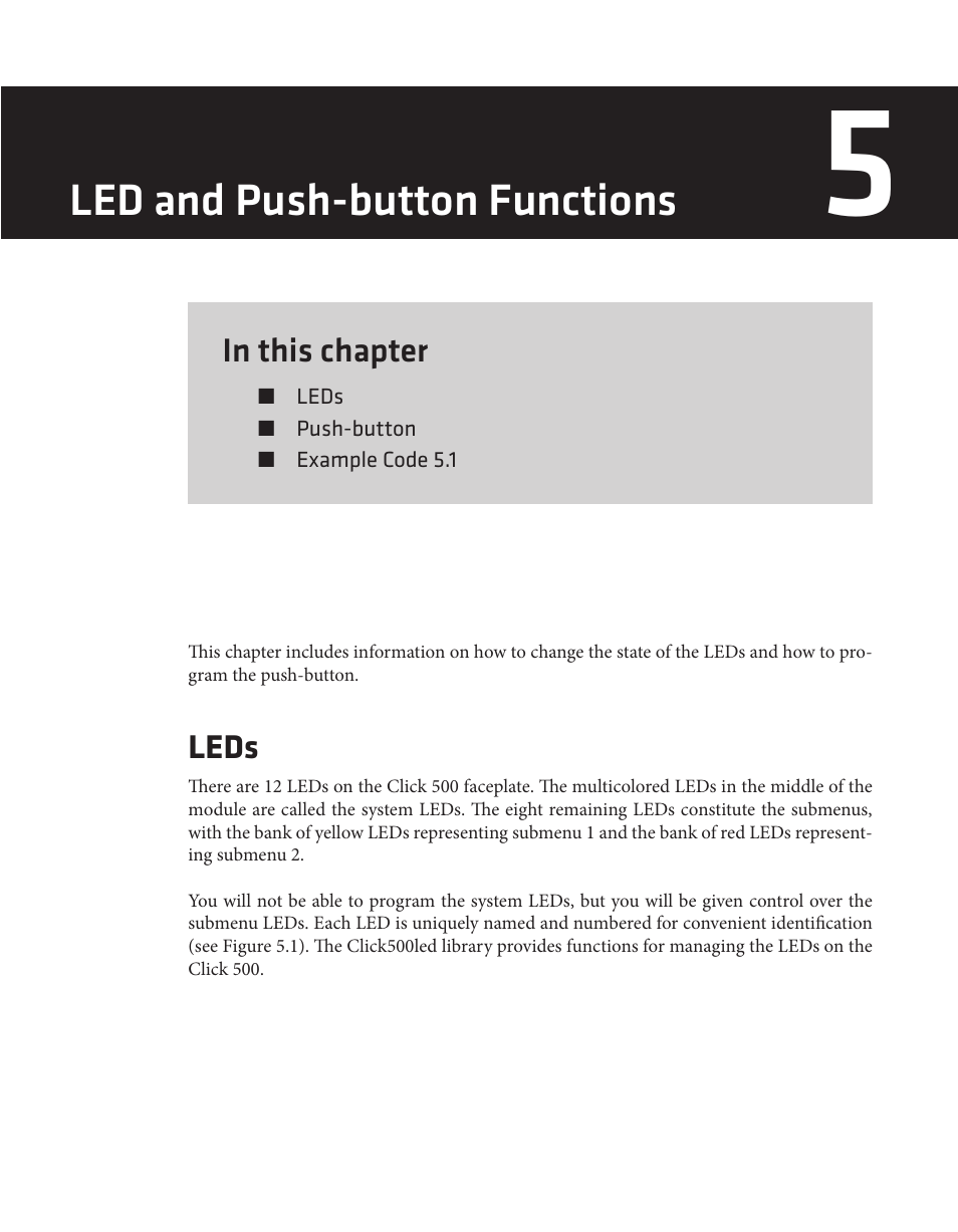 Led and push-button functions, Leds | Wavetronix Click 500 (programmable controller) (CLK-500) - Developer Guide User Manual | Page 52 / 196