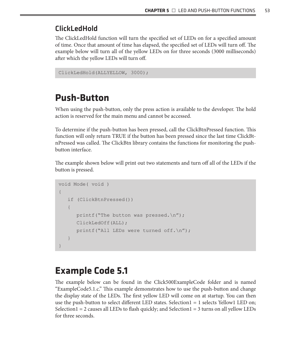 Push-button, Example code 5.1, Clickledhold | Wavetronix Click 500 (programmable controller) (CLK-500) - Developer Guide User Manual | Page 54 / 196
