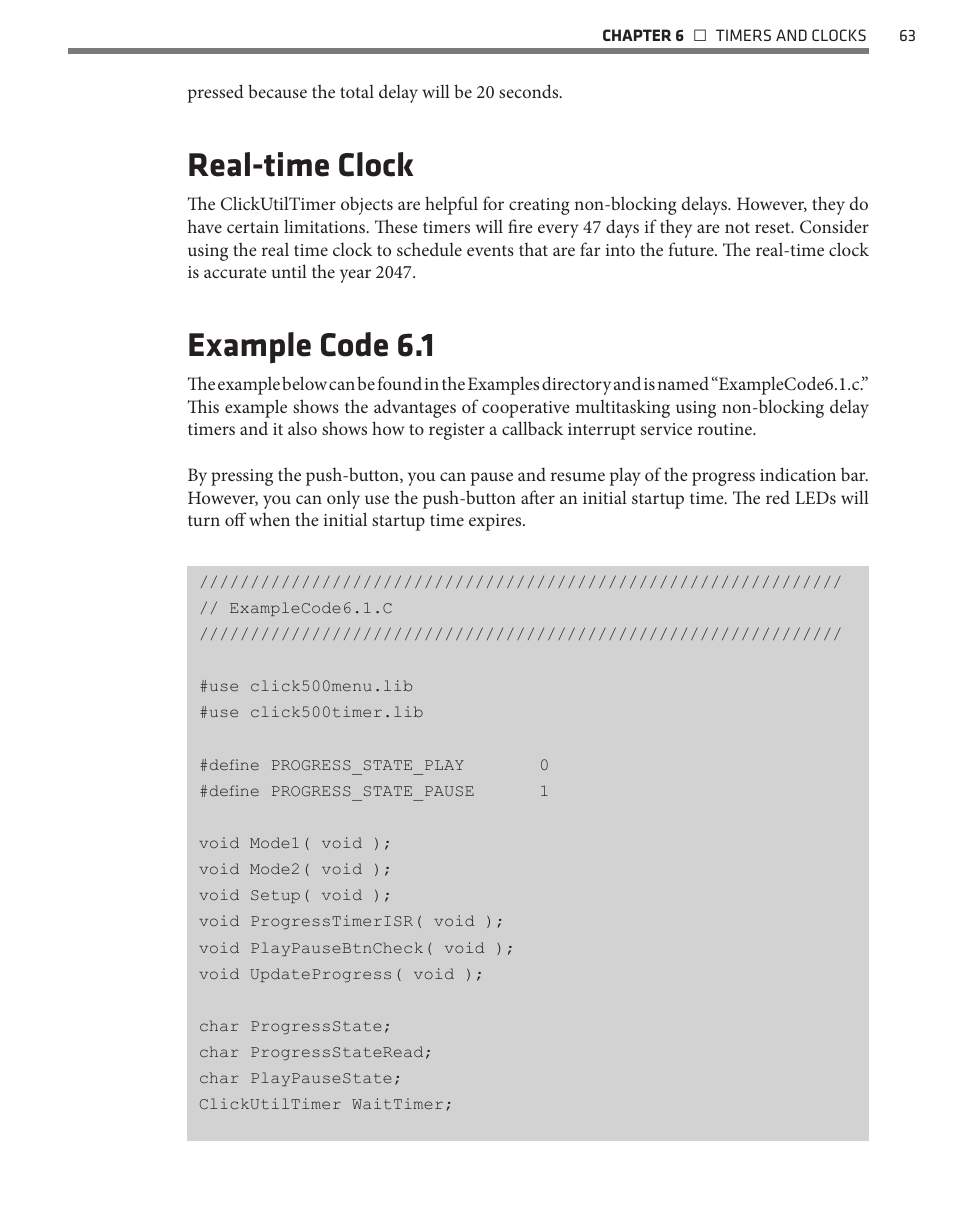Real-time clock, Example code 6.1 | Wavetronix Click 500 (programmable controller) (CLK-500) - Developer Guide User Manual | Page 64 / 196