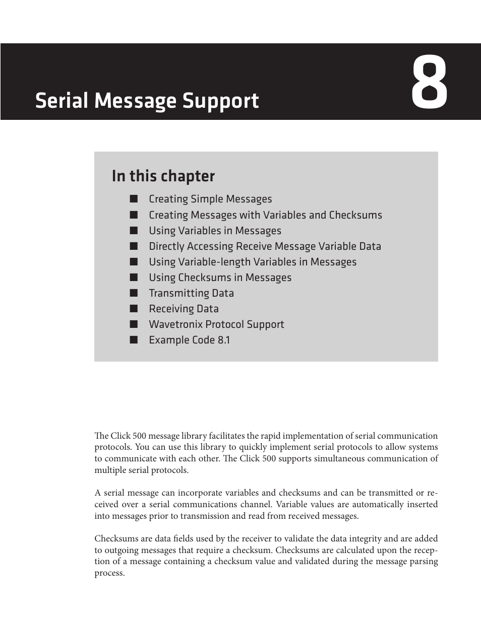 Serial message support | Wavetronix Click 500 (programmable controller) (CLK-500) - Developer Guide User Manual | Page 78 / 196
